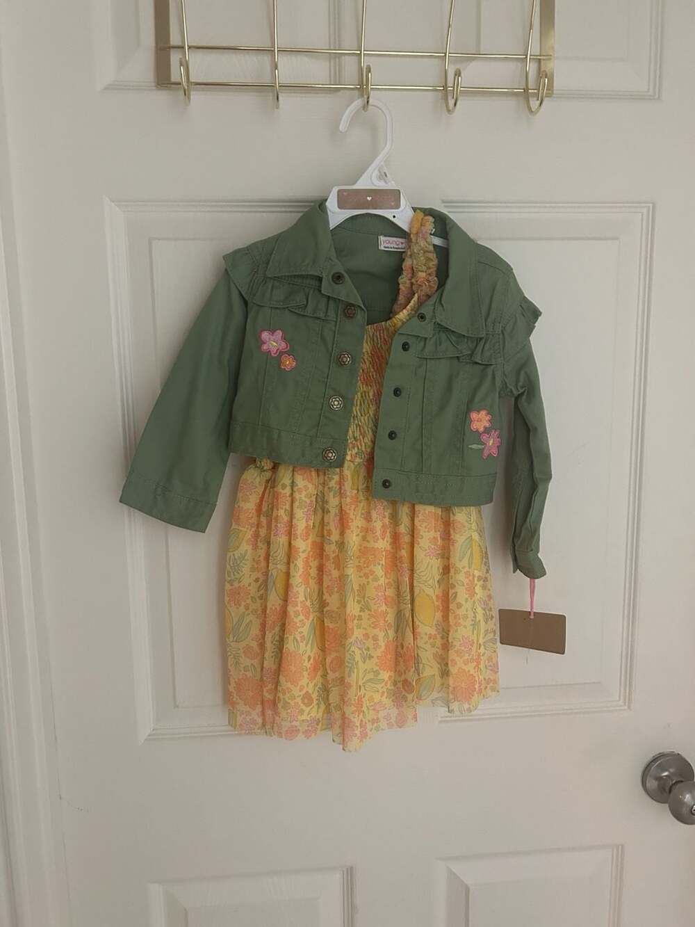 Young Hearts Dress And Jacket 2 PC Set Green Yellow Floral